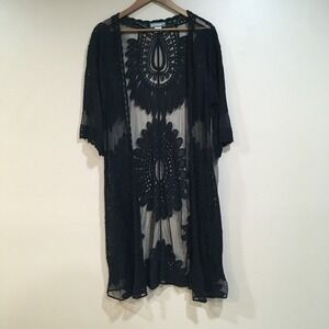 Embroidered Crochet Mesh Long Kimono Cardigan Womens M Black Whimsigoth Boho